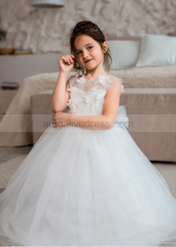 Ivory 3D Lace Tulle Amazing Flower Girl Dress With Detachable Train